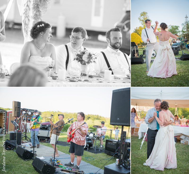 A collage of wedding photos with people in the background.