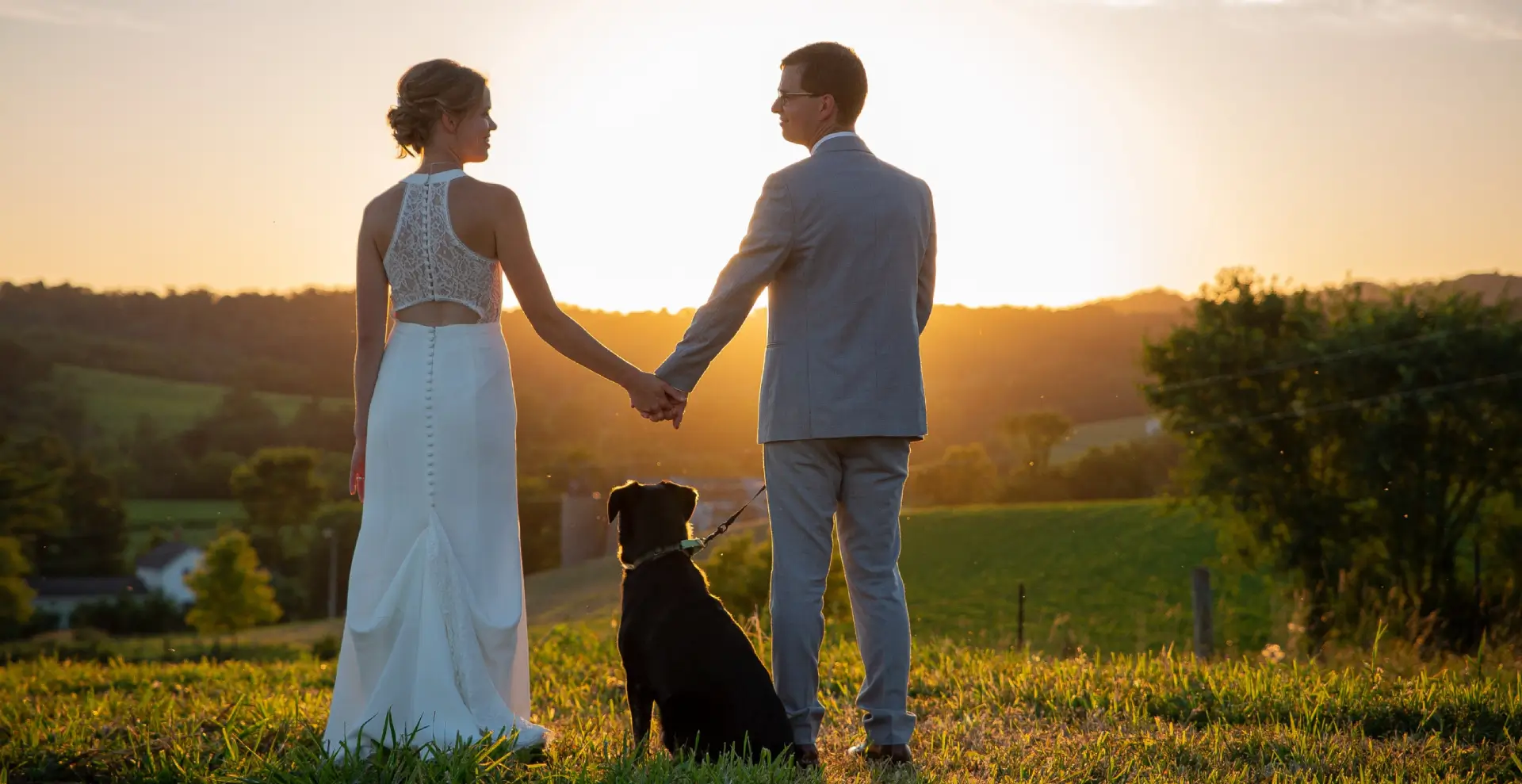 A man and woman holding hands with their dog.