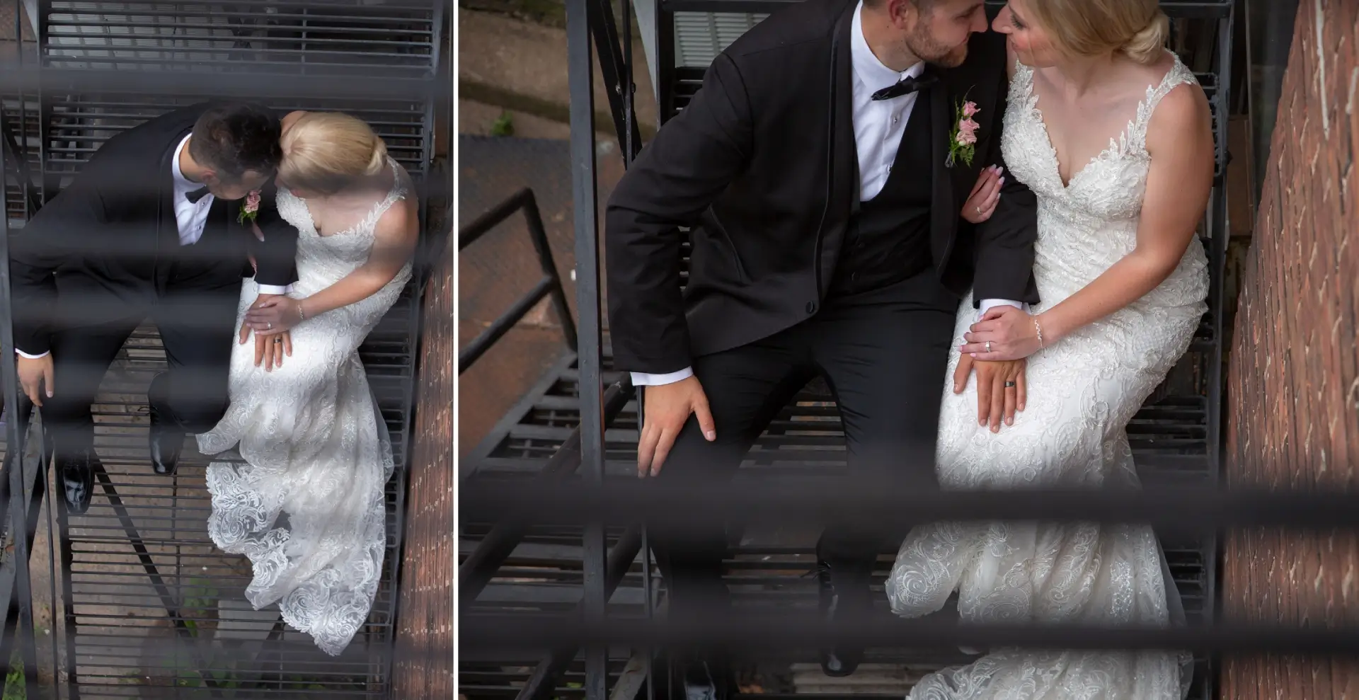 A bride and groom are posing for pictures on the stairs.
